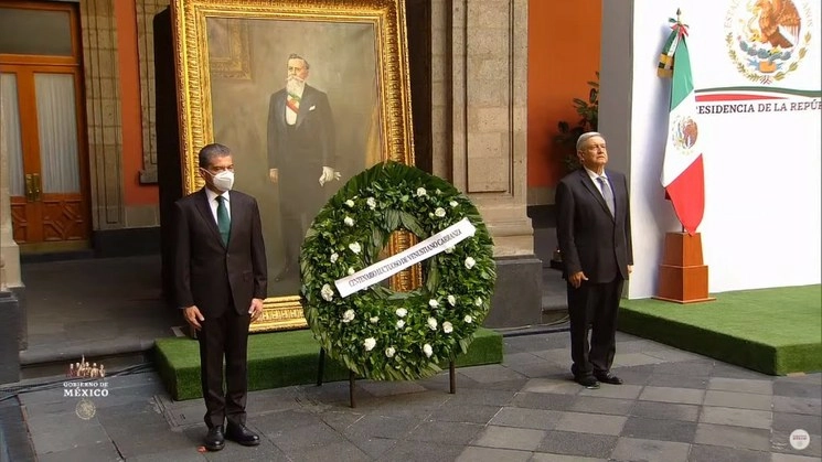 El presidente Andrés Manuel López Obrador durante la ceremonia por el centenario luctuoso de Venustiano Carranza. Foto tomada de la transmisión en vivo
