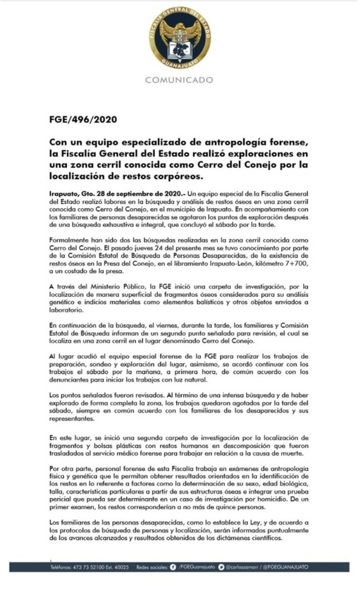 Imagen del comunicado de prensa de la FGE del estado. Foto @FGEGUANAJUATO
