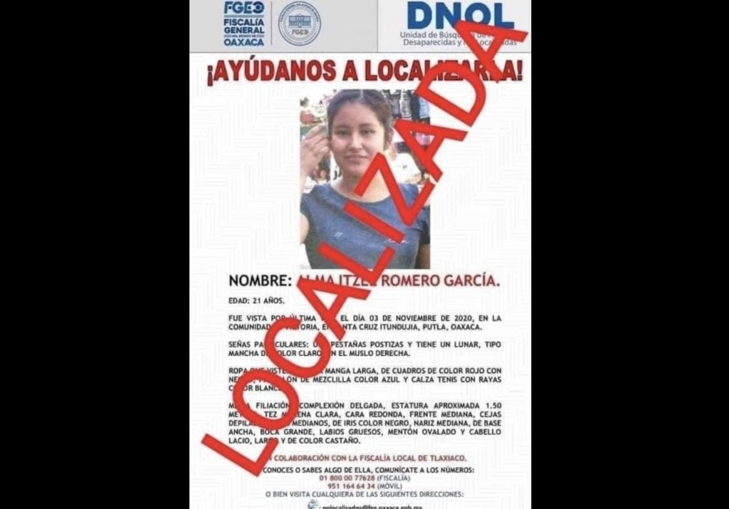 Alma Itzel Romero, joven mixteca desaparecida el pasado 3 de noviembre, fue encontrada sin vida en un río. Imagen Fiscalía de Oaxaca