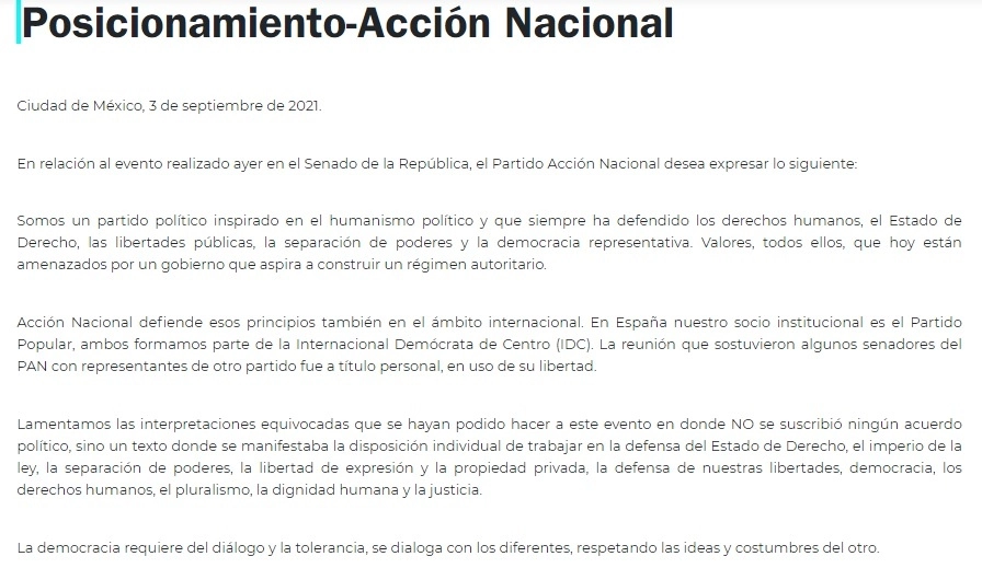 Texto íntegro del posicionamiento de Acción Nacional. Captura de imagen del documento, disponible en el sitio web https://www.pan.org.mx/