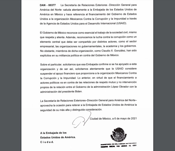 Nota diplomática enviada por la Secretaría de Relaciones Exteriores a Estados Unidos por el caso del apoyo económico a organización de X. González