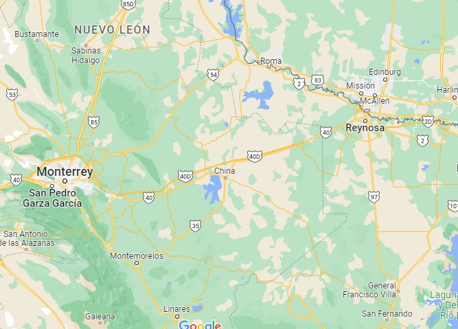 En el municipio de China, en Nuevo león se registró un enfrentamiento entre elementos de la Fuerza Civil y grupos armados. Foto Google maps