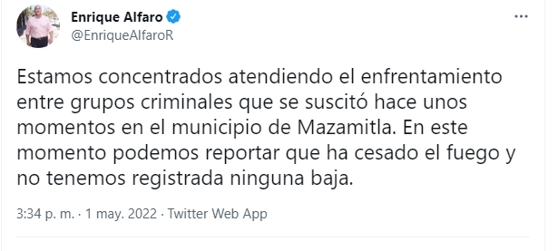 El gobernador de Jalisco, Enrique Alfaro reportó a través de su cuenta de Twitter la situación en Mazamitla. Foto @EnriqueAlfaroR