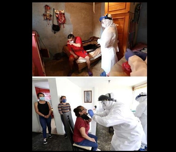 Las doctoras Carmina Peña y Mariana Sánchez forman una de las brigadas del centro de salud de San Andres Totoltepec, En estas imágenes, durante la aplicación de pruebas Covid-19 en domicilio a pacientes con coronavirus. Foto Luis Castillo