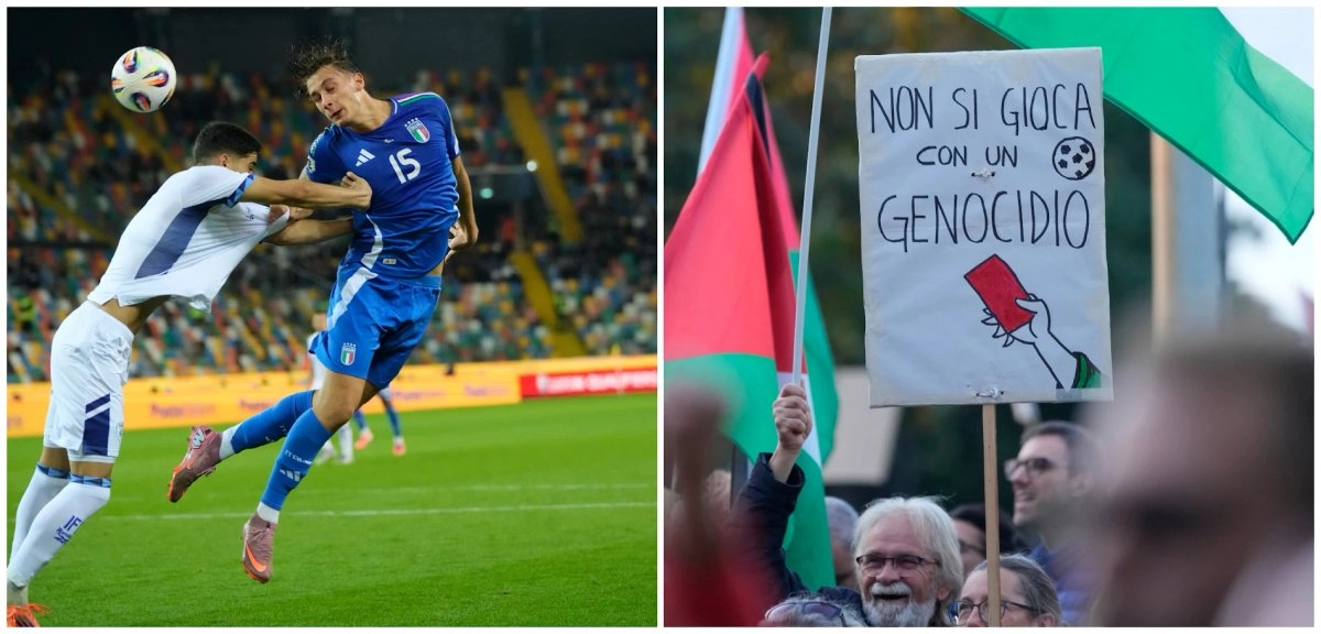 Mientras en la cancha la ‘Azzurra’ ganó 3-0, afuera del estadio Bluenegy, en Udine, miles protestaban contra los ataques en Gaza y exigen sanciones a Tel Aviv. Foto