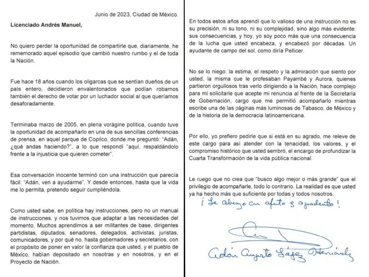 Imagen de la carta de renuncia a Gobernación entregada por Adán López al presidente López Obrador. Imagen tomada de https://twitter.com/adan_augusto