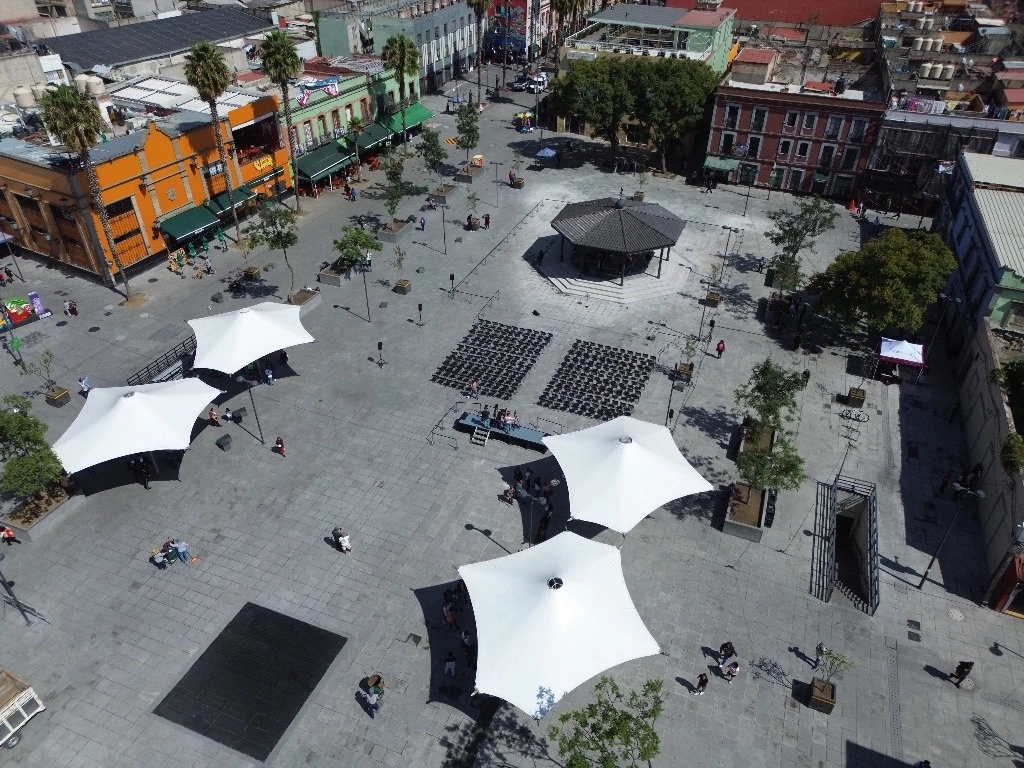 Vista aérea del nuevo quisco en la Plaza Garibaldi. Foto Gobierno CDMX