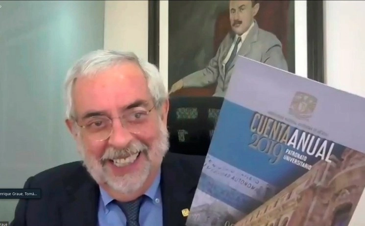 Enrique Graue durante la entrega Cuenta Anual 2019 de la UNAM realizada vía virtual. Foto Cortesía DGCS UNAM 