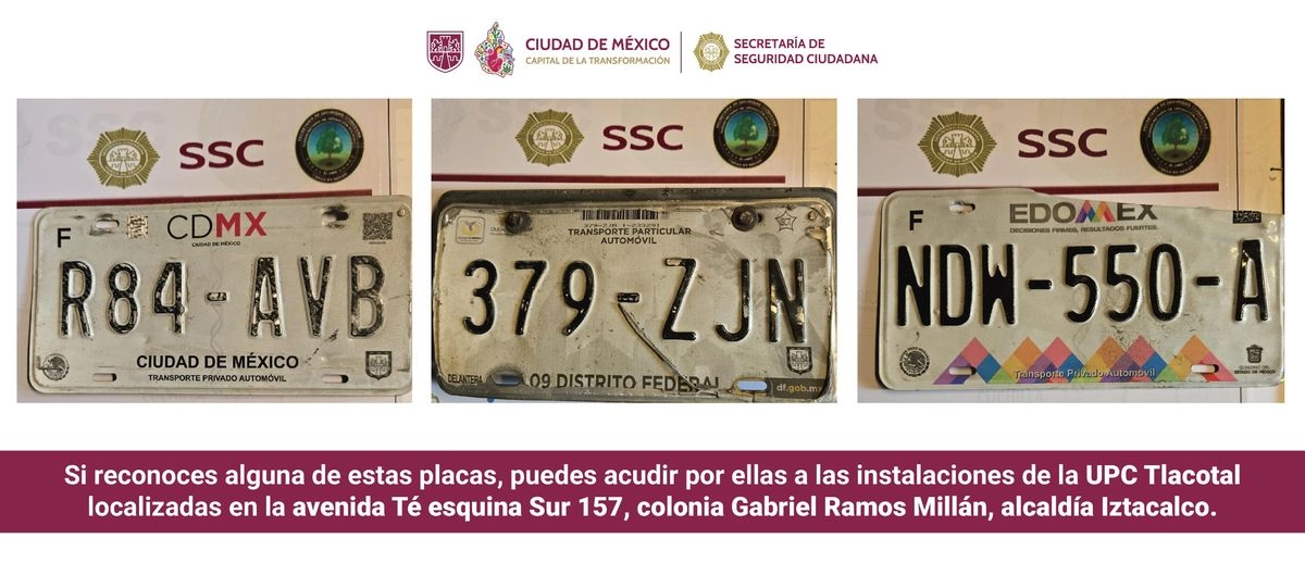 Son resguardadas en las instalaciones del Sector Tlacotal, ubicado en la avenida Te, esquina con la calle Sur 157, en la colonia Gabriel Ramos Millán. Para hacer la entrega de las placas, será necesario que los ciudadanos muestren la tarjeta de circulación vigente para comprobar su legal posesión.

