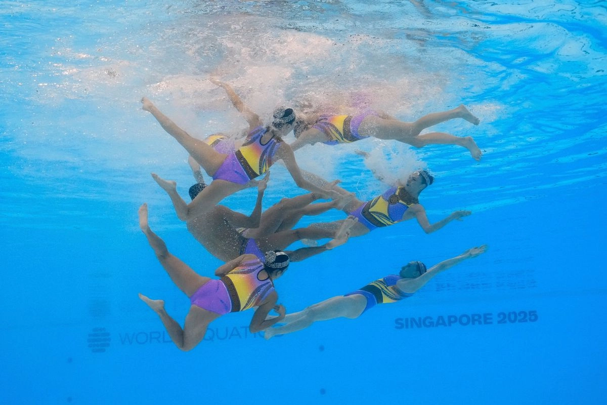 El equipo mexicano de natación artística se despidió del Campeonato Mundial Singapur 2025 con el quinto lugar en rutina acrobática, el 25 de julio de 2025. Foto 