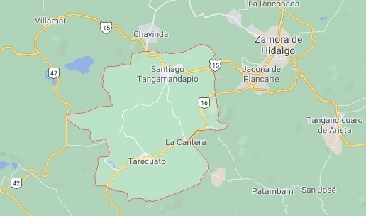 Los cinco cuerpos fueron abandonados en el pueblo de Los Hucares, en el municipio michoacano de Tangamandapio. Foto tomada de Google Maps