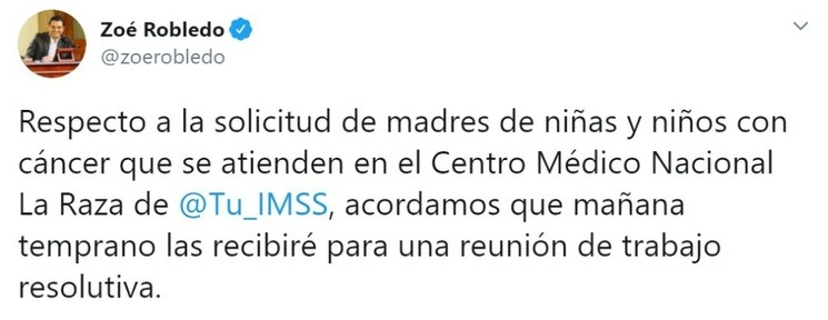 En su cuenta de Twitter, el director del IMSS, Zoe Robledo informó sobre la reunión