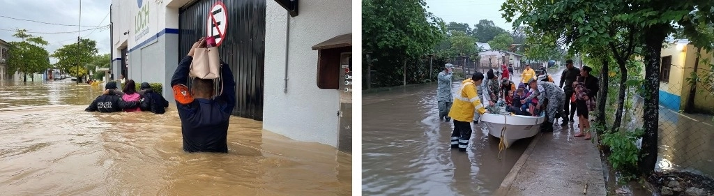 Policías estatales de Veracruz auxiliaron a los habitantes del municipio de Agua Dulce tras las inundaciones que dejó el desbordamiento de un río. Elementos de la GN desalojaron a pobladores de varias comunidades de Tabasco luego de que sus viviendas se anegaron. Foto 'La Jornada'