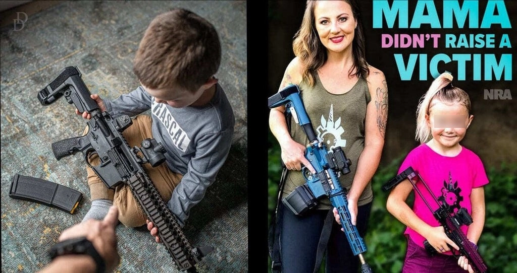 Las firmas promueven la venta de este tipo de armas como un símbolo patriótico y de valores familiares. En su publicidad incluyen imágenes de una madre con una niña de 10 años o la de un niño de menos de seis años con un artefacto letal. Foto tomada de Twitter