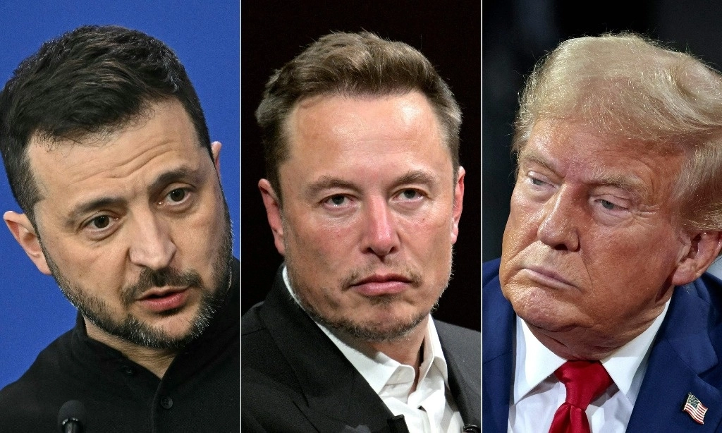 El presidente de Ucrania, Volodymir Zelensky (derecha), habló con Trump (izquierda) y Elon Musk (centro). Kiev seguirá contando con el sistema de Internet del empresario, que es también dueño de Tesla. Foto Afp