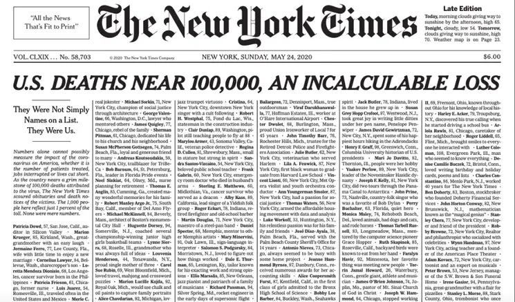 Tributo a mil fallecidos en la primera plana de hoy. "No eran simples nombres en una lista; eran nosotros". Foto Captura de pantalla de la edición impresa del NYT del domingo 24 de mayo de 2020