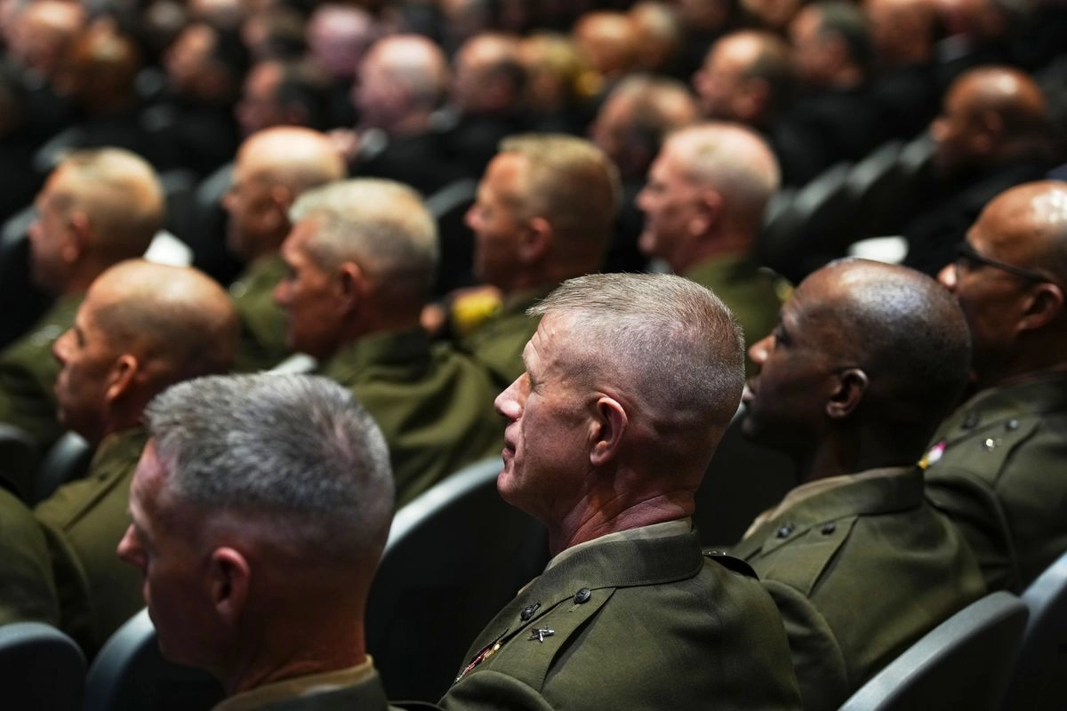 Altos mandos militares estadounidenses escuchan el discurso del presidente Donald Trump en la Base del Cuerpo de Marines de Quantico, el martes 30 de septiembre de 2025 en Quantico, Virginia. Foto