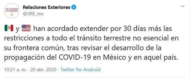 Imagen tomada del Twitter @SRE_mx
