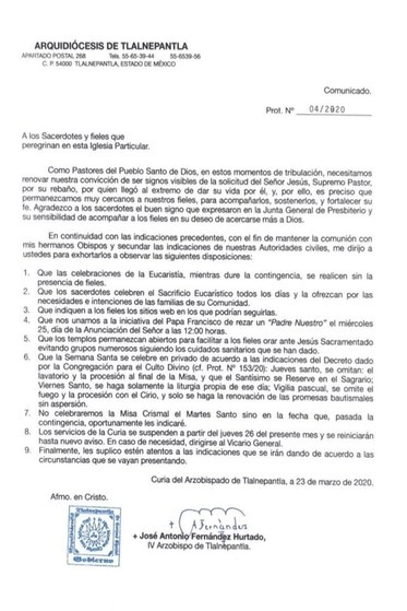
Comunicado de la Arquidiócesis de Tlalnepantla en el que pide que las celebraciones religiosas se realicen sin fieles. Imagen tomada de Twitter @Diocesis_Tlalne