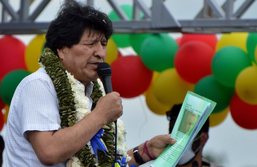 Evo Morales, ex presidente de Bolivia durante un discurso en Chapare, departamento de Cochabamba. Foto Afp
