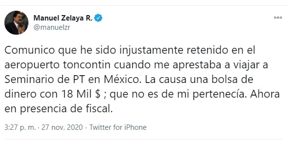 El ex presidente informó vía Twitter que desconoce la procedencia de la bolsa con los 18 mil dólares en efectivo. Foto Tomada del Twitter @manuelzr
 