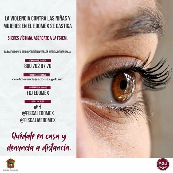 La Fiscalía General del estado de México dio a conocer las vías por las que las mujeres pueden denunciar si son víctimas de violencia. Foto tomada de Twitter @FiscaliaEdomex 