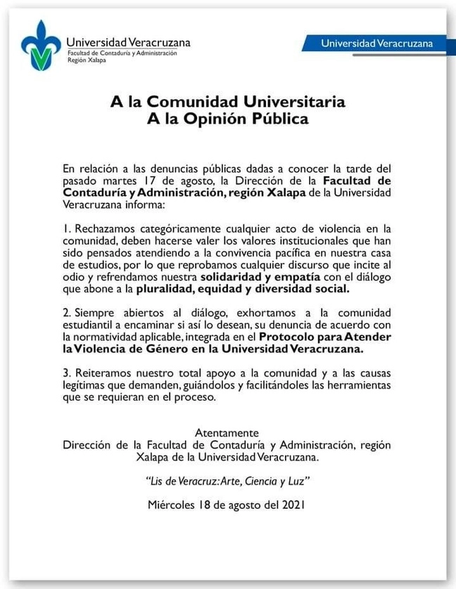 Comunicado de la Universidad Veracruzana.