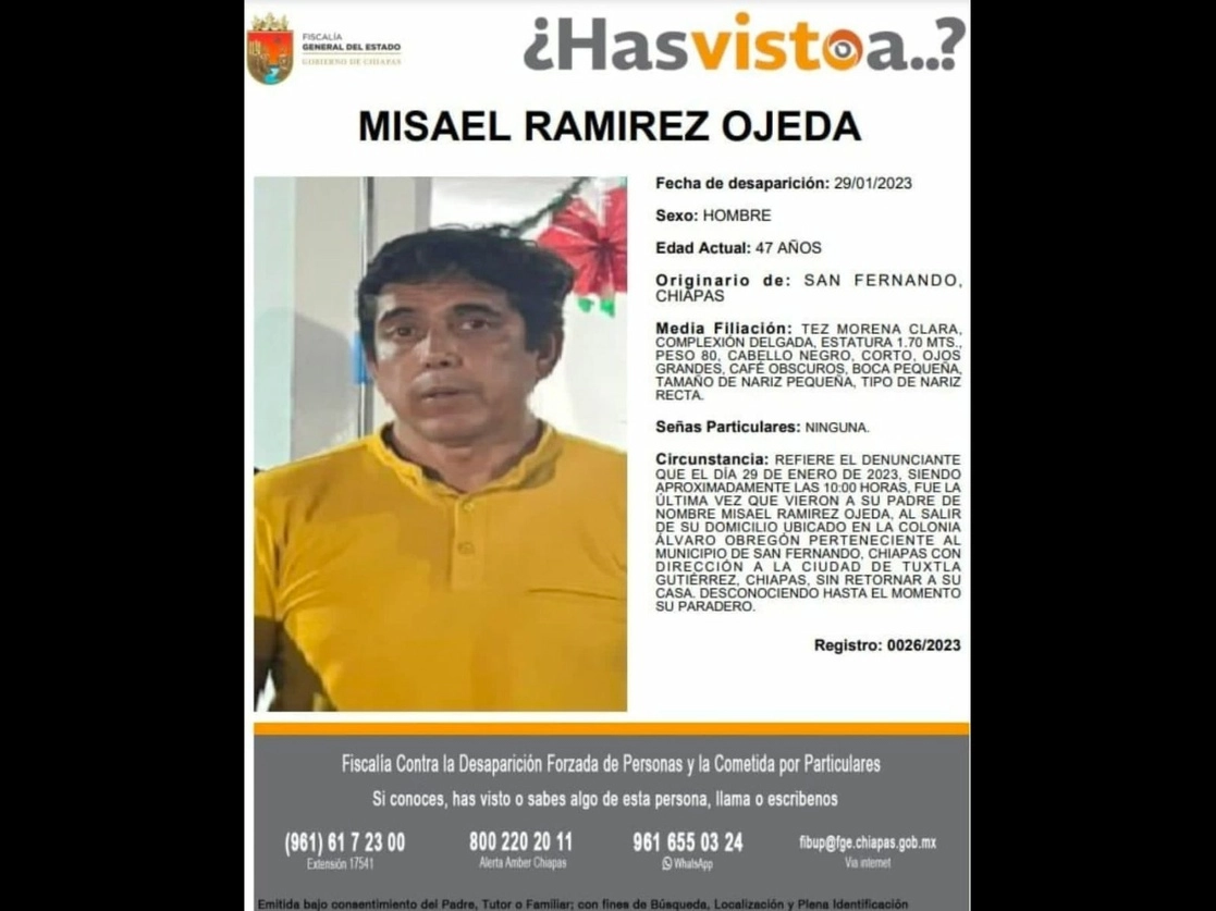 El profesor Misael Ramírez Ojeda, desaparecido el 29 de enero. Foto FGE Chiapas