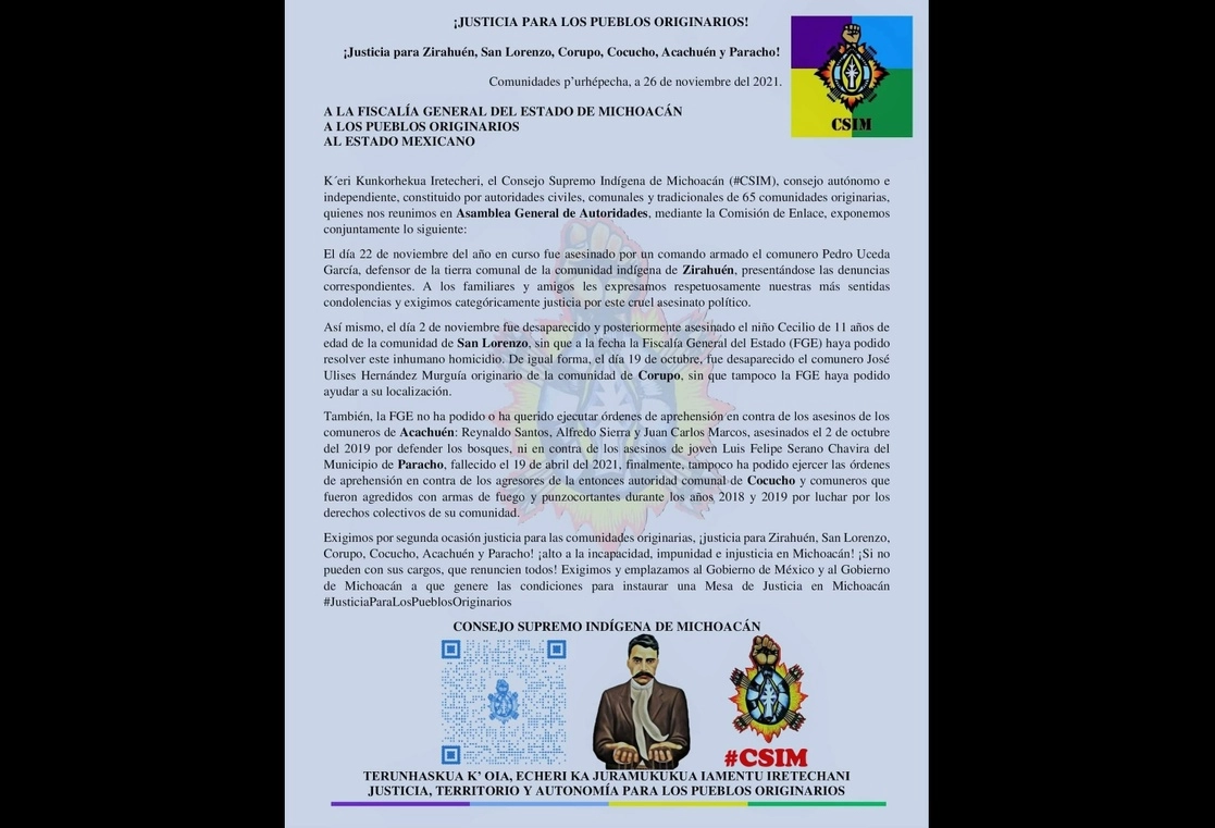 El CSIM exige justicia por los asesinatos en regiones de Zirahuén, San Lorenzo, Corupo, Cocucho, Acachuén y Paracho. Foto Tomada del FB @ConsejoSupremoIndigenaMichoacan  
