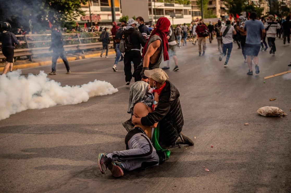 Manifestación en solidaridad con los palestinos convocada por el conflicto en curso con Israel, frente a la embajada israelí, en Atenas el 15 de mayo de 2021. Foto Afp