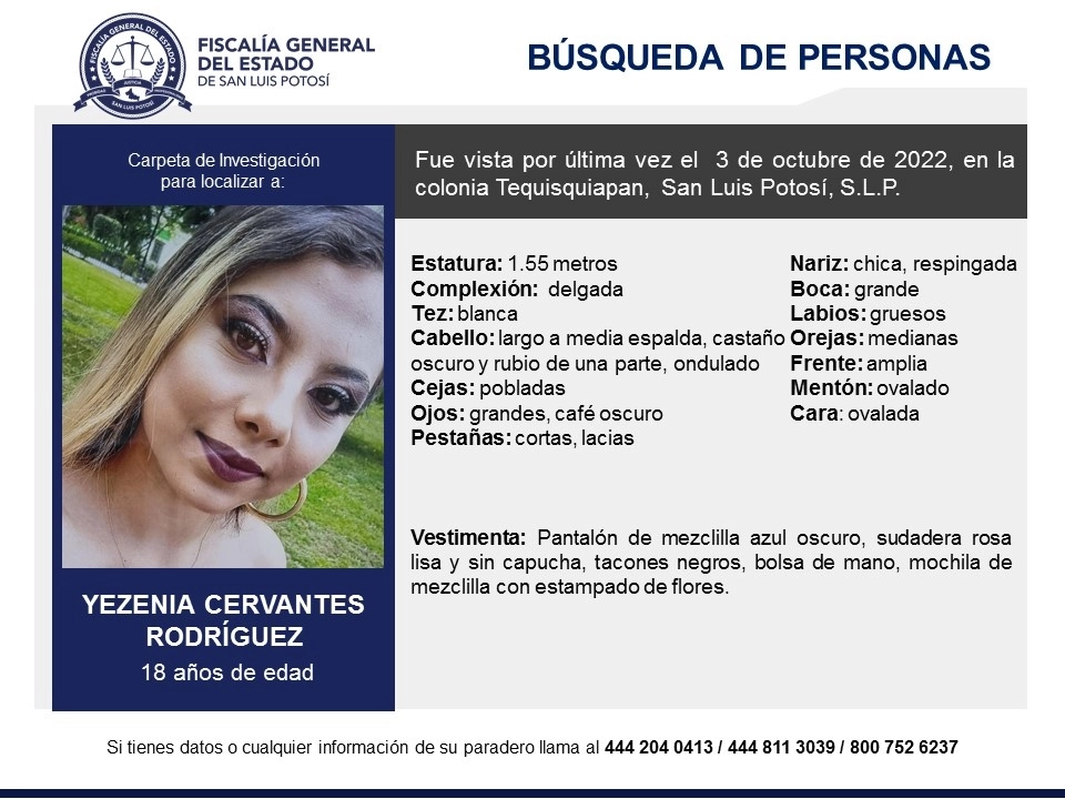 Maestros y alumnos de la Facultad de Derecho de la Universidad Autónoma de San Luis Potosí exigieron a las autoridades que localicen a Yezenia Cervantes Rodríguez, joven estudiante reportada como desaparecida. Imagen tomada del Twitter de @FiscaliaSLP
