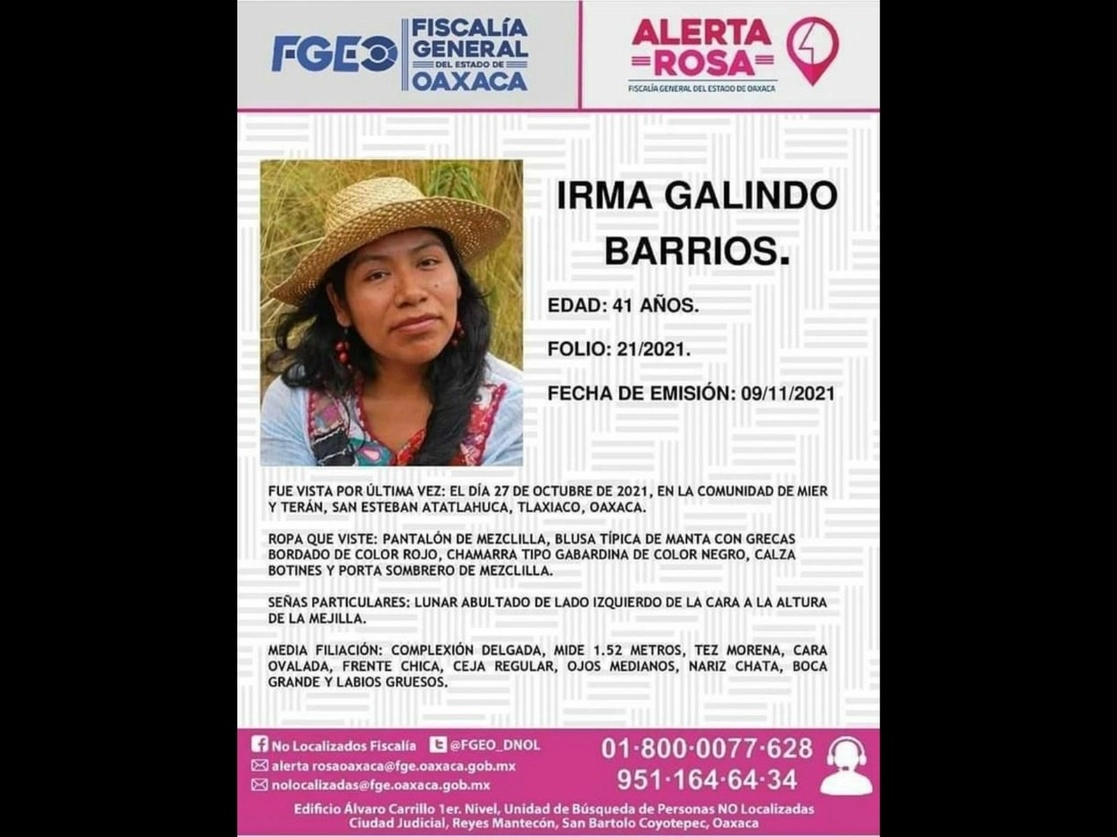 La activista había recibido amenazas e intimidación por las denuncias que había interpuesto ante autoridades federales en contra de talamontes y las autoridades municipales que los protegían, en su natal San Esteban Atatlahuaca, en la Sierra de Oaxaca. Imagen tomada del Twitter de @FGEO_DNOL