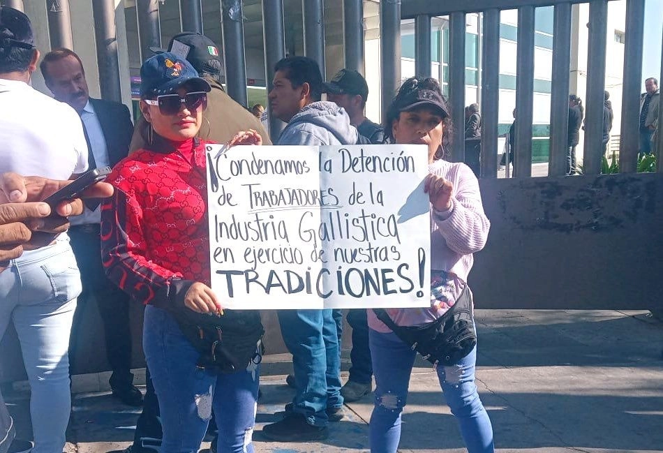 Los manifestantes plantean que forman parte del “gremio gallístico”, que es parte de una actividad cultural, que por años se ha practicado en distintos pueblos del país. Rechazaron que las autoridades hayan asegurado un centro clandestino de pelea de gallos. Foto 'La Jornada'