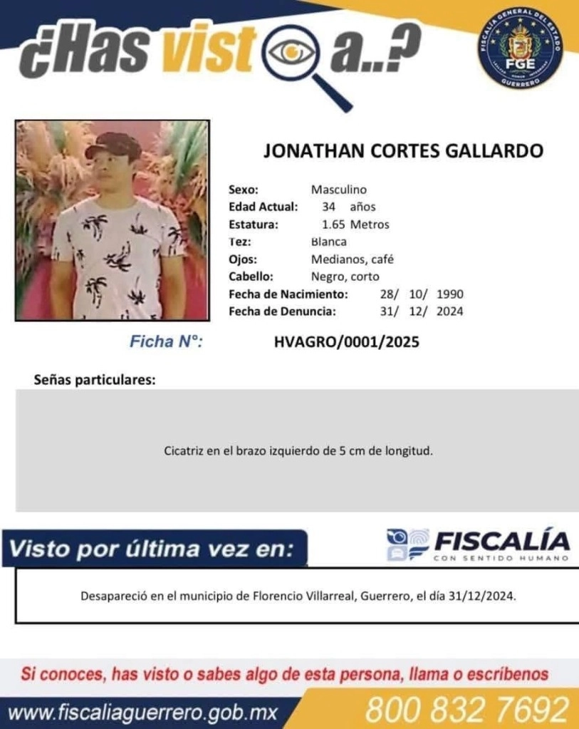 La familia de Jonathan ya interpuso una denuncia por su desaparición ante la Fiscalía General del Estado, la cual emitió una ficha de búsqueda. Foto Fiscalía de Guerrero