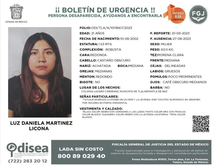 Ficha de búsqueda de la desaparecida.