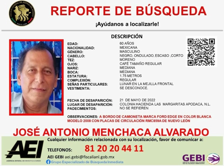 Ficha de búsqueda de Menchaca Alvarado. Imagen tomada de twitter @GEBI_NL

