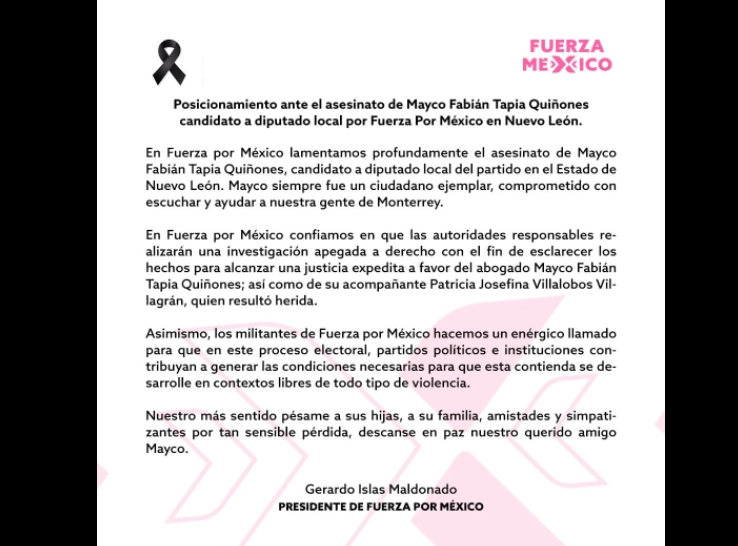 Fuerza por México exigió justicia para su candidato Mayco Fabián Tapia Quiñones, asesinado en Nuevo León. Foto de facebook.com/FuerzaPorMexicoNL