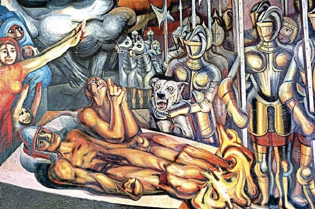 'Tormento de Cuauhtémoc', de David Alfaro Siqueiros. Imagen tomada del sitio https://semanal.jornada.com.mx/2019/12/15/201cmexico-tardo-tres-siglos-en-ser-conquistado201d-entrevista-con-enrique-semo-7714.html