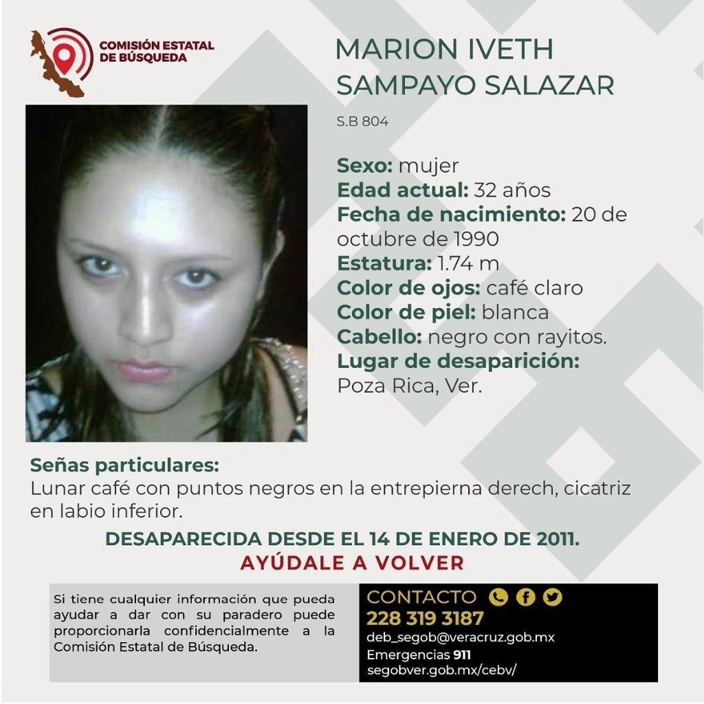 Ficha de búsqueda de Marion Ivette Sampayo Salazar, desaparecida el 14 de enero de 2011. Foto ‘La Jornada’
