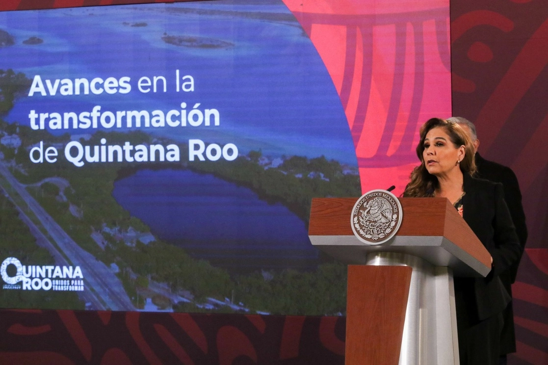 La gobernadora de Q Roo, Mara Lezama, durante la conferencia presidencial de este lunes 13 de febrero, desde Palacio Nacional. Foto Cuartoscuro