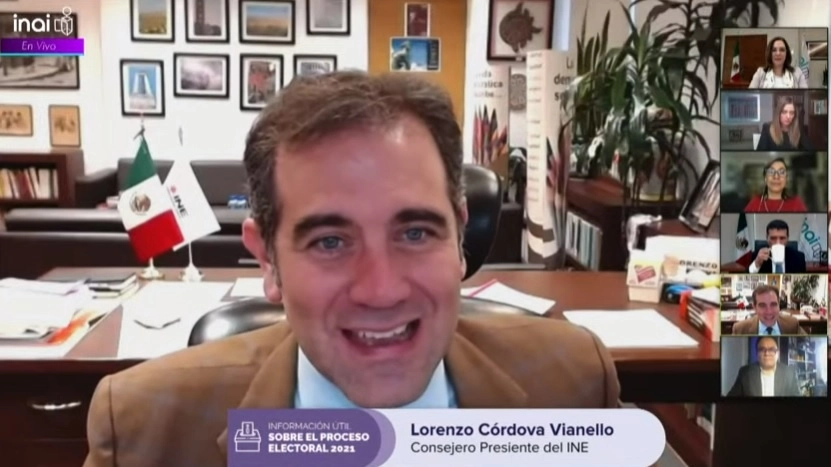 El consejero presidente del INE, Lorenzo Córdova durante el lanzamiento del micrositio de Transparencia Proactiva sobre el Proceso Electoral 2021. Fotograma tomado del video emitido por el INAI
