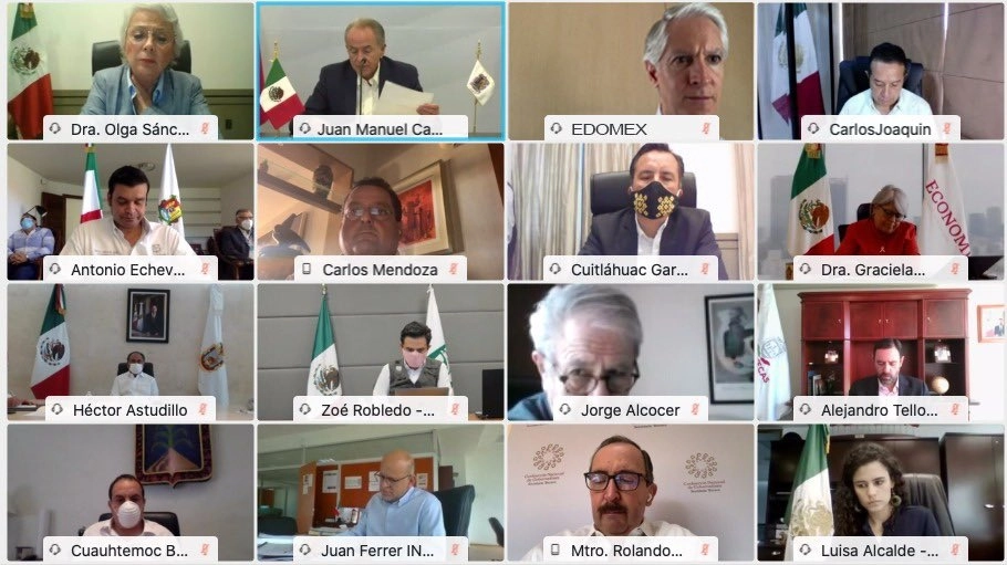 Autoridades de la Secretaría de Salud participaron en la reunión virtual con mandatarios estatales. Foto tomada de la cuenta de Twitter @alfredodelmazo
