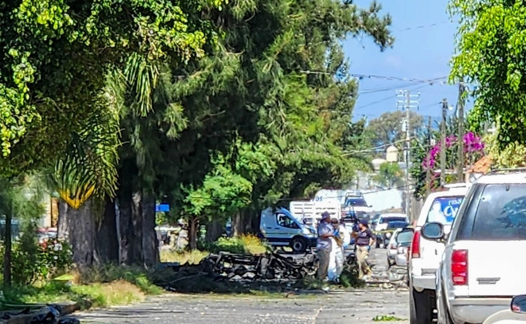 Un auto explotó en las inmediaciones de la Secretaría de Seguridad Pública de Acámbaro, Guanajuato, el 24 de octubre de 2024. Foto Cuartoscuro