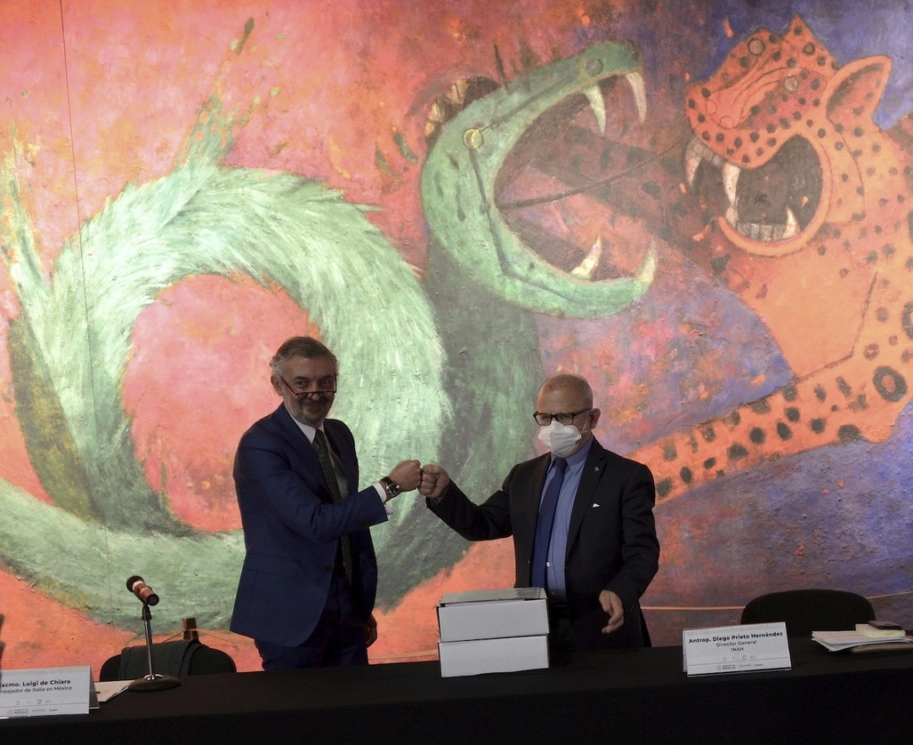 El encuentro, con motivo de celebración de 500 años de intercambio cultural entre México e Italia, fue convocado por Alejandra Frausto Guerrero, el 23 de febrero de 2021. Foto cortesía INAH