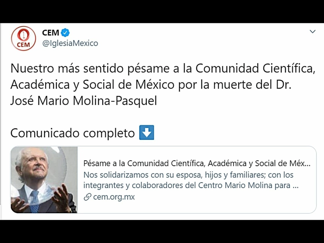La Conferencia del Episcopado Mexicano expresó sus condolencias a la comunidad científica, académica y social de México, por el fallecimiento del doctor Mario Molina Pasquel, premio Nobel de Química en 1995, quien también fue miembro distinguido de la Pontificia Academia de las Ciencias. Imagen tomada del Twitter de @IglesiaMexico
