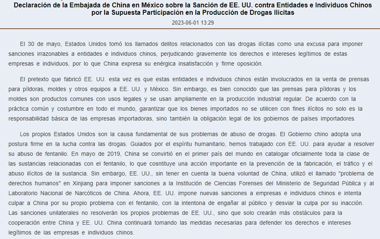 Imagen del comunicado emitido por la representación diplomática de China en México 