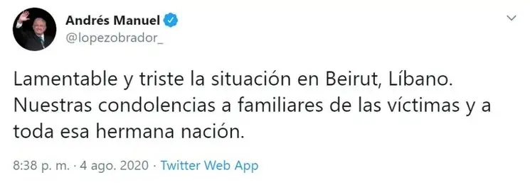 Mensaje del presidente de México, Andrés Manuel López Obrador a través de su cuenta de Twitter @lopezobrador_
