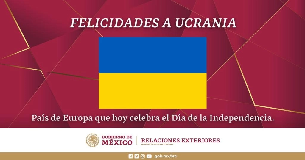 Imagen con la bandera de Ucrania. Foto tomada del Twitter de @SRE_mx
