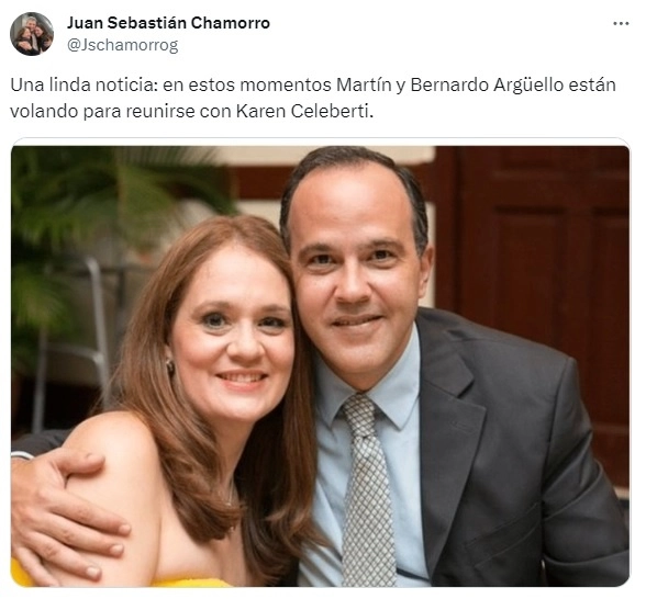 Publicación del líder opositor Juan Sebastián Chamorro en su perfil de X, donde junto al mensaje se ve una foto de Karen Celebertti.
