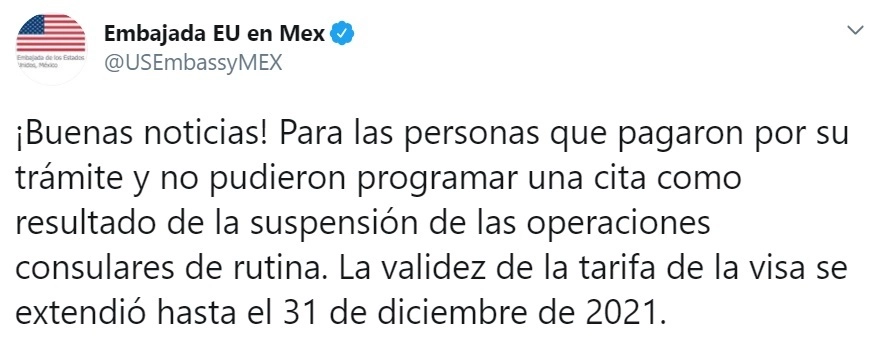 A través de su cuenta de Twitter, @USEmbassyMEX la embajada informó sobre la extensión de la validez de la visa
